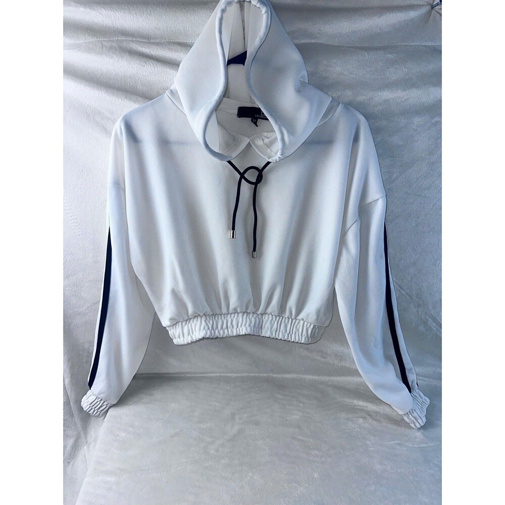 White Shiny Knit Cropped Pullover Hoodie with Sleeve Stripes